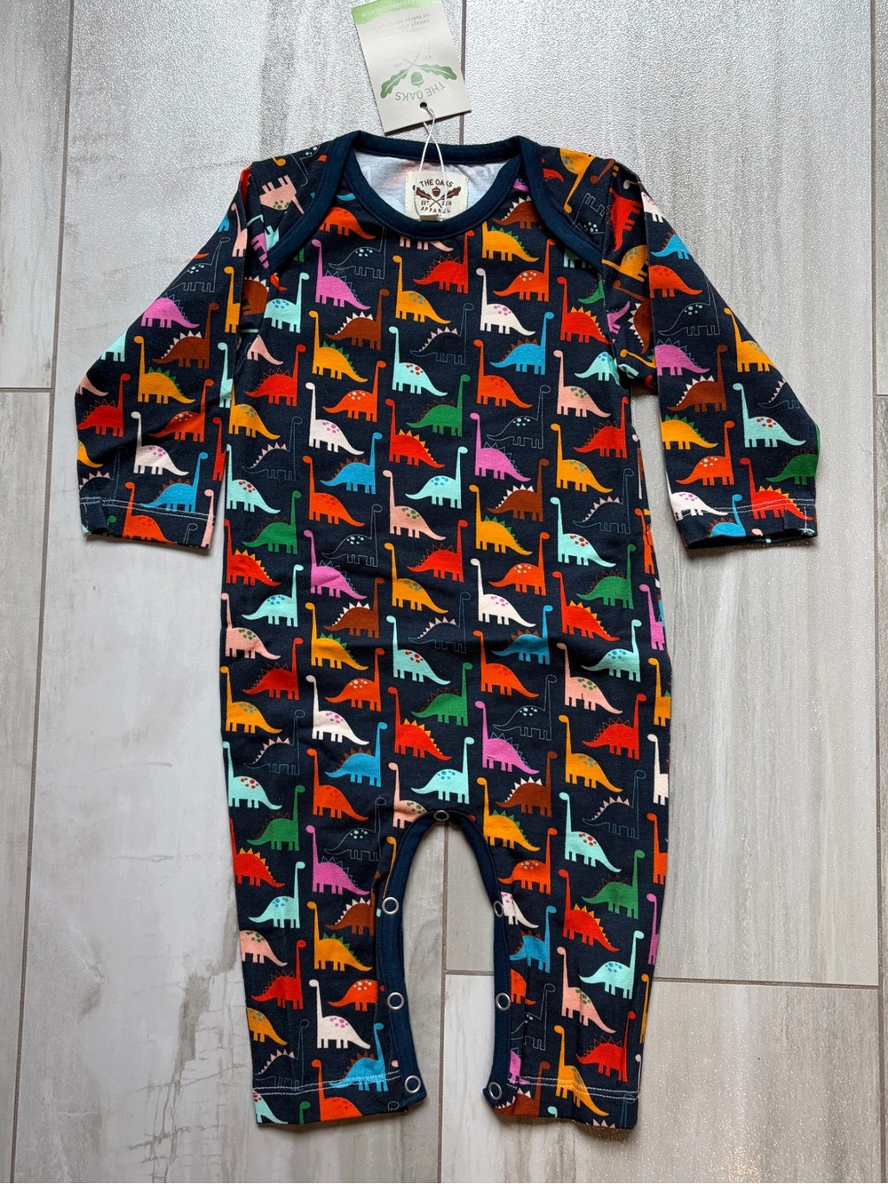 NWT The Oaks Apparel Co Colorful Navy Spike Dinosaur Full Length Romper Boys 6M